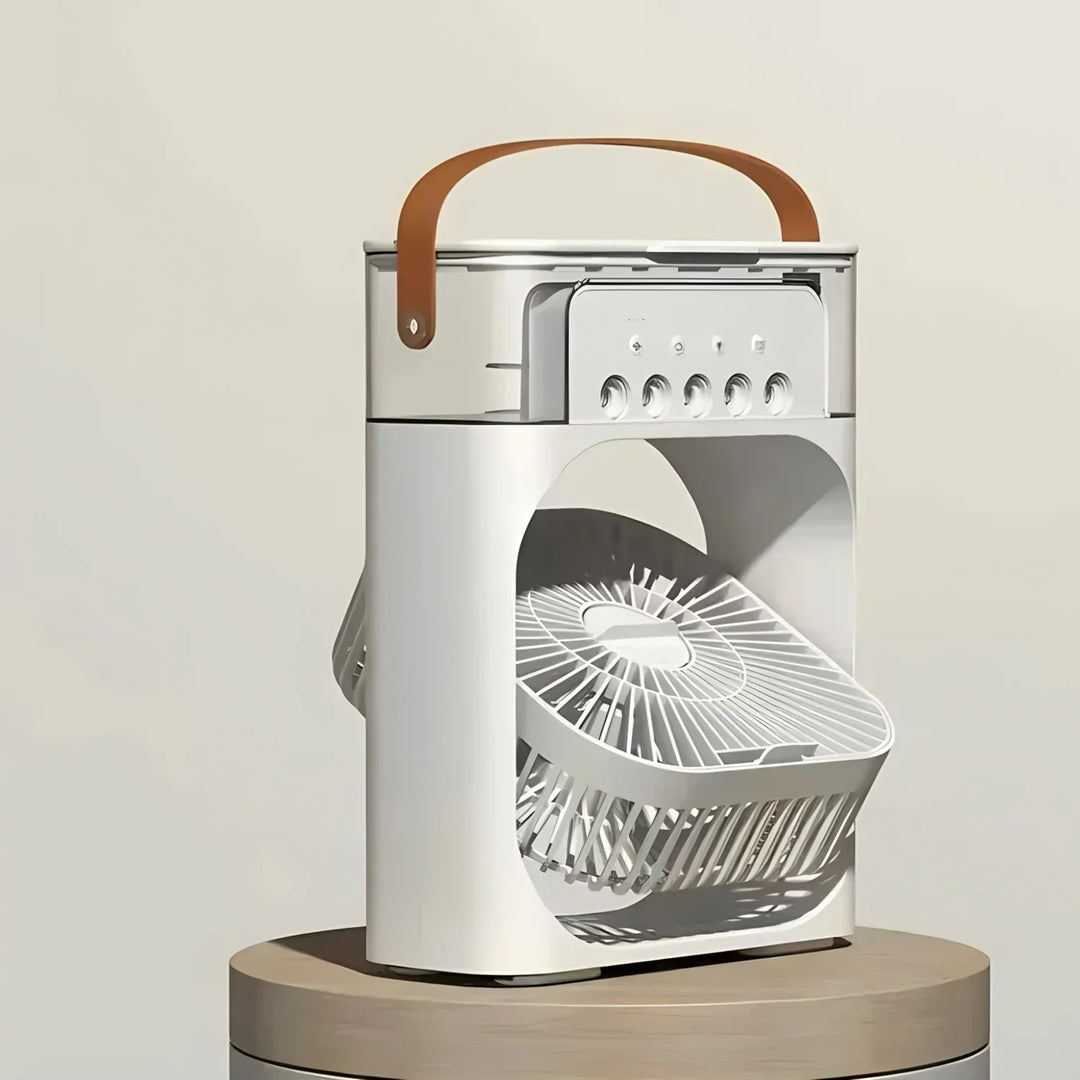Biały przenośny klimatyzator 3w1 z LED, wbudowanym wentylatorem i nawilżaczem dla optymalnego komfortu, kompaktowy design.