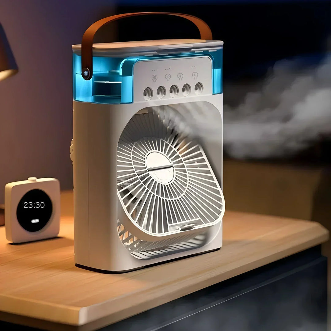 Biały przenośny klimatyzator 3w1 z LED, wbudowanym wentylatorem i nawilżaczem dla optymalnego komfortu, kompaktowy design.