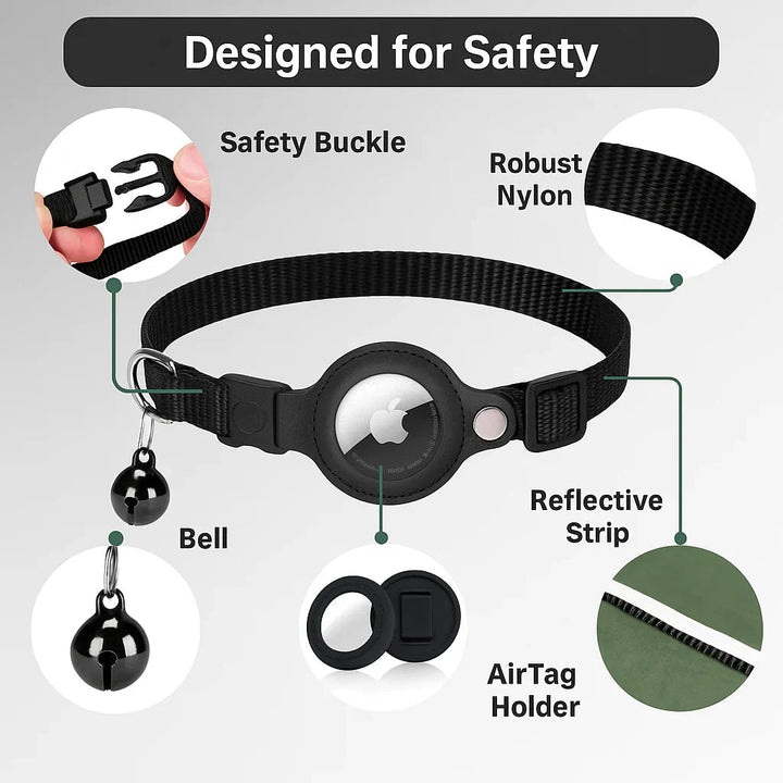 "Collier GPS pour chats, nylon, réfléchissant, fermeture rapide, confortable, visibilité optimale nuit, aventures sécurisées.