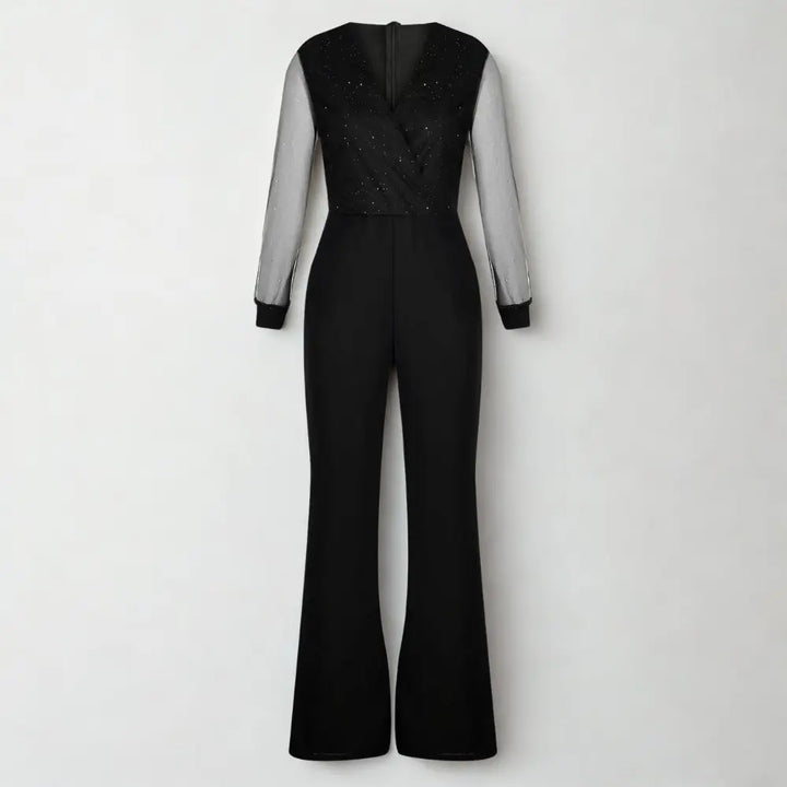 Szykowny kombinezon damski z półprzezroczystymi rękawami, swobodnym krojem i dekoltem w serek, elegancki i kobiecy