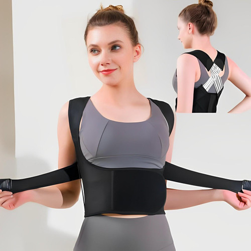 Czarny regulowany korektor postawy dla ulgi w bólu, poprawy wyrównania ciała i optymalnego wsparcia pleców.