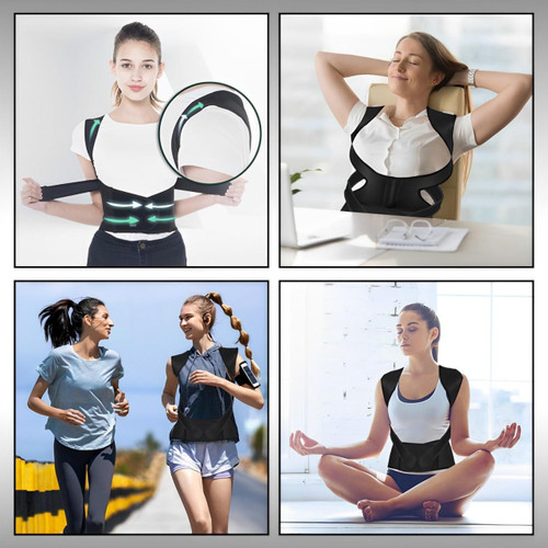 Czarny regulowany korektor postawy dla ulgi w bólu, poprawy wyrównania ciała i optymalnego wsparcia pleców.