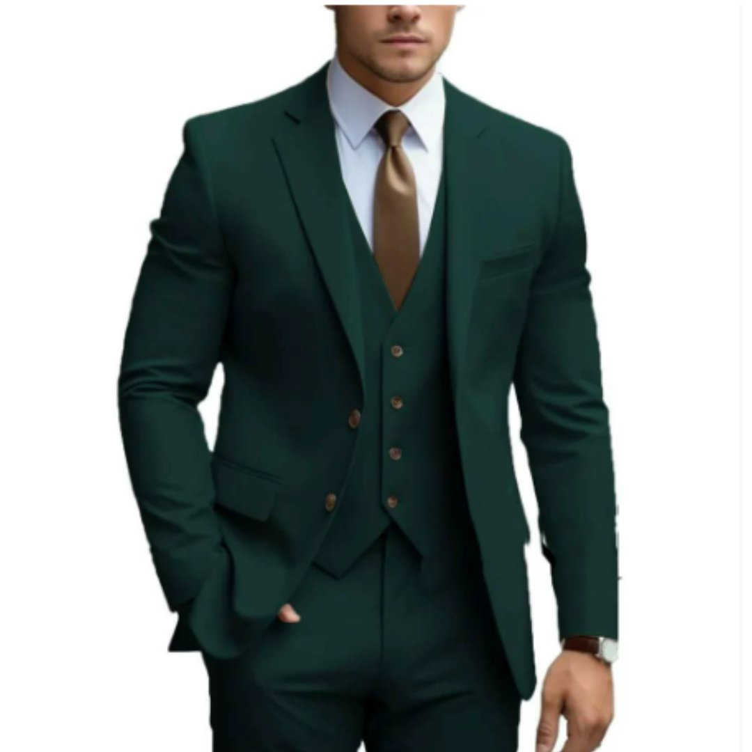 "Costume 3 pièces élégant pour homme, veste, gilet et pantalon, parfait pour mariage, couleur tendance, taille ajustée."