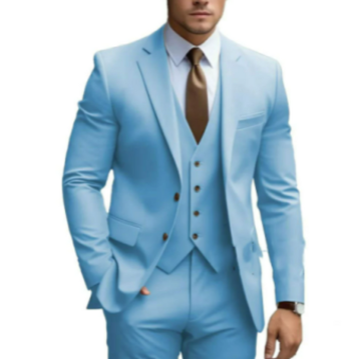 "Costume 3 pièces élégant pour homme, veste, gilet et pantalon, parfait pour mariage, couleur tendance, taille ajustée."