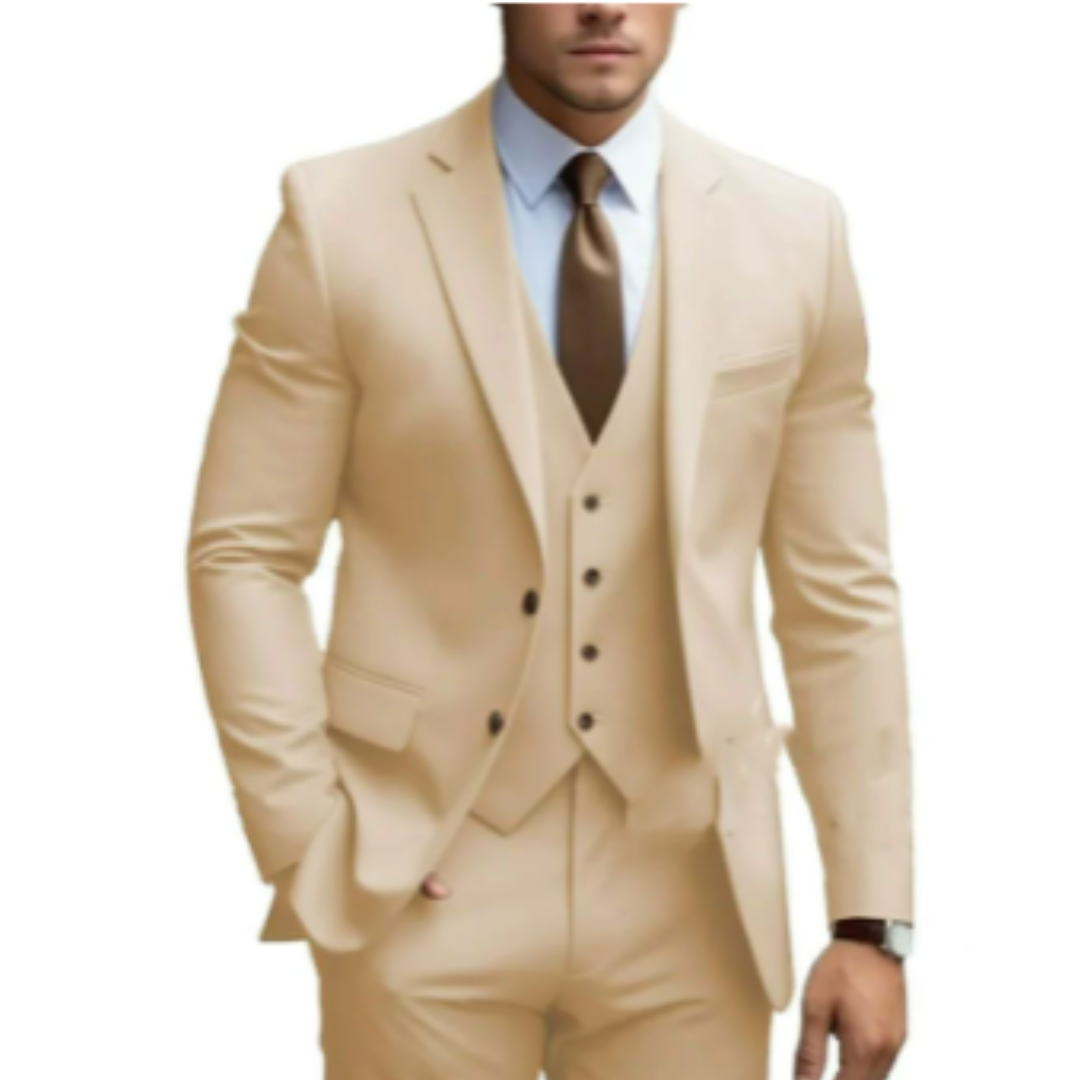"Costume 3 pièces élégant pour homme, veste, gilet et pantalon, parfait pour mariage, couleur tendance, taille ajustée."