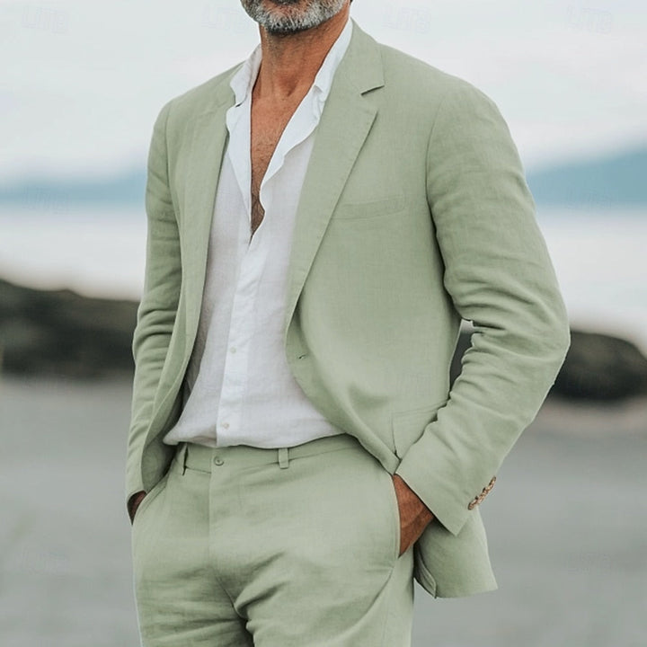 Męski lekki lniany garnitur, widok z przodu, elegancki i wygodny design na eleganckie lato
