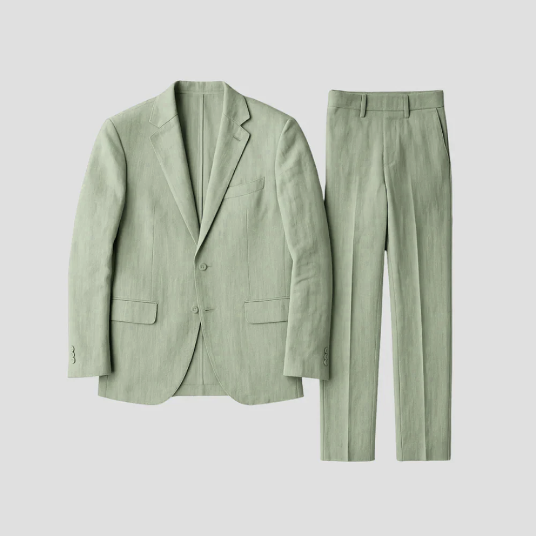 Lekki lniany garnitur męski, szałwiowy zielony, luźny krój. Idealny na szykowny i wygodny strój letni.