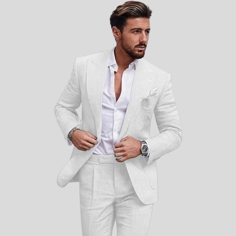 Szczegóły męskiego garnituru 2-częściowego slim eleganckiego, marynarka na jeden guzik, oddychający materiał