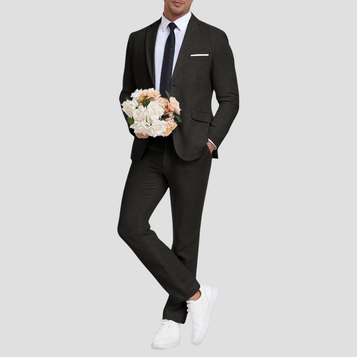 Męski lekki elegancki garnitur z lnu i bawełny, oddychający materiał, marynarka dwuguzikowa, stylowe zwężane spodnie na lato.
