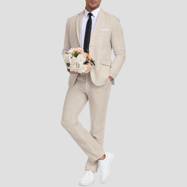 Męski lekki elegancki garnitur z lnu i bawełny, oddychający materiał, marynarka dwuguzikowa, stylowe zwężane spodnie na lato.