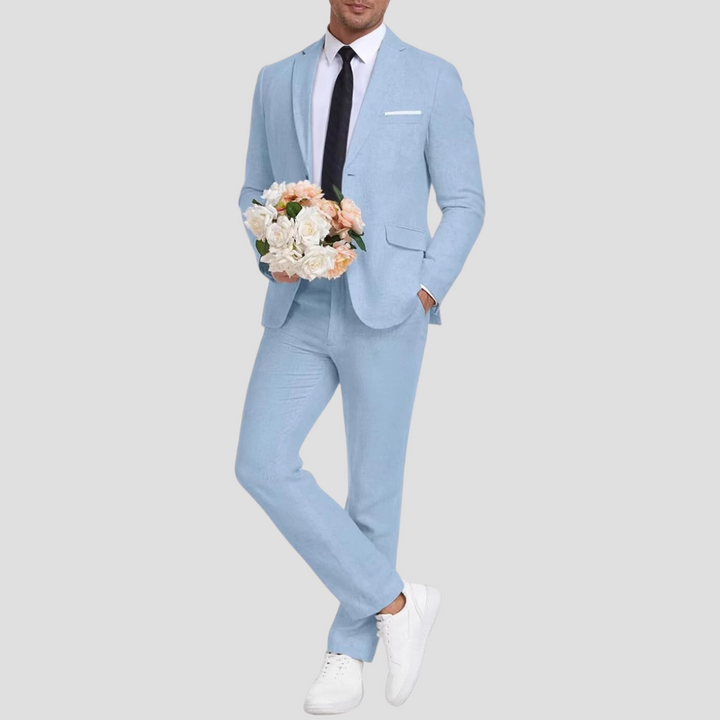 Męski lekki elegancki garnitur z lnu i bawełny, oddychający materiał, marynarka dwuguzikowa, stylowe zwężane spodnie na lato.