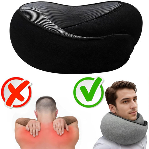 Ergonomiczna poduszka podróżna z szarej pianki memory, lekka i kompaktowa, idealna do podparcia szyi w podróży.