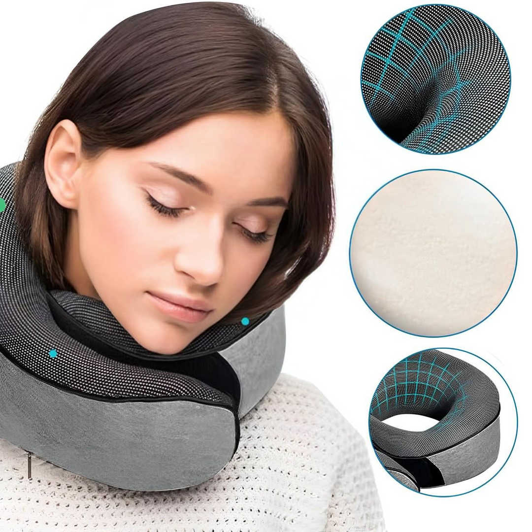 Ergonomiczna poduszka podróżna z szarej pianki memory, lekka i kompaktowa, idealna do podparcia szyi w podróży.