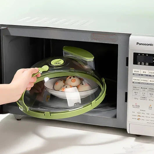 Couvercle de micro-ondes transparent, trous d'aération, réchauffement uniforme, protection éclaboussures, cuisine propre.