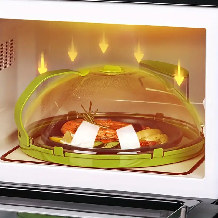 Couvercle de micro-ondes transparent, trous d'aération, réchauffement uniforme, protection éclaboussures, cuisine propre.