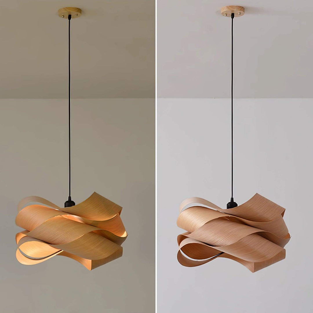 Nowoczesna lampa wisząca - detale drewnianego klosza