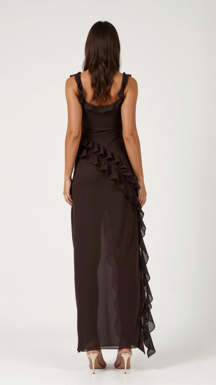 Modna sukienka maxi z falbankami i rozcięciem, idealna na wesele lub studniówkę, damska.