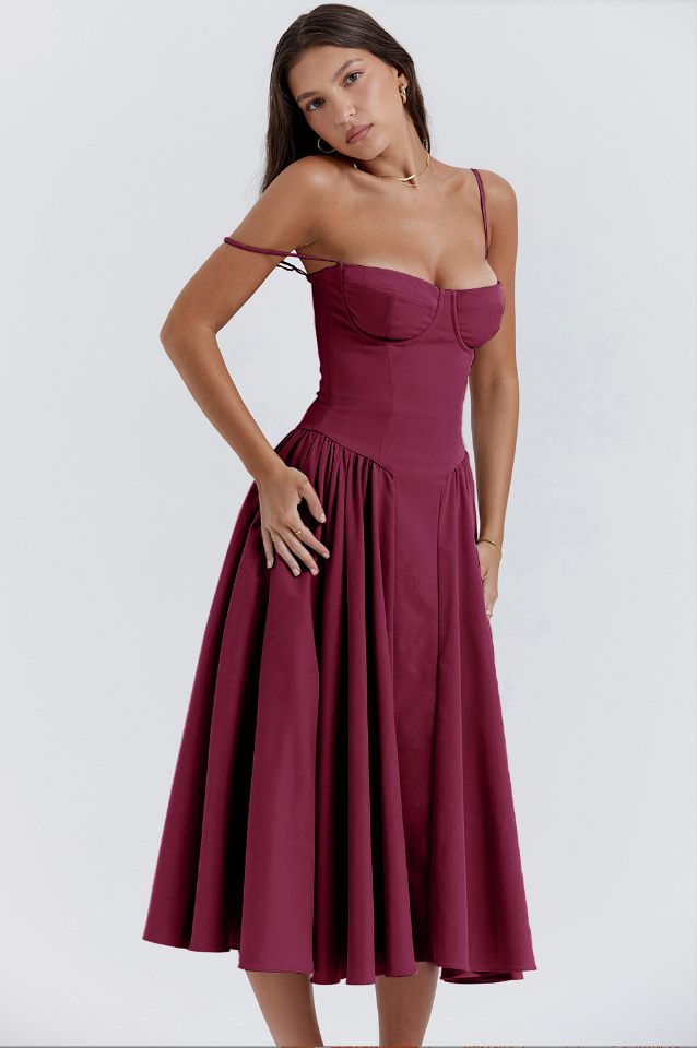Sukienka midi Clara na lato, z gorsetowym stanikiem i zwiewnym dołem. Modna, elegancka sukienka damska.