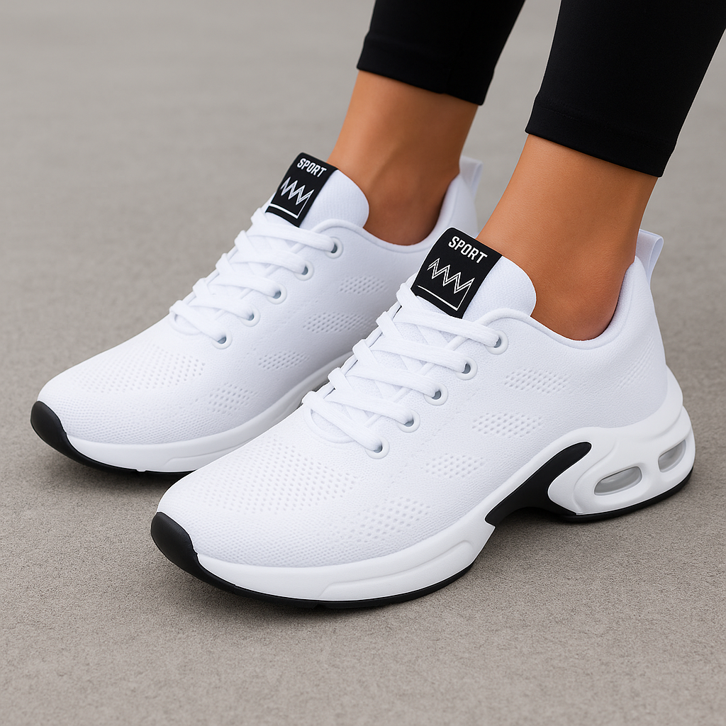 Szczegół lekkich, oddychających damskich butów sportowych Karolina, idealnych do casualowego stylu.