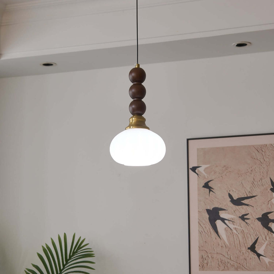 Elegancka szklana, drewniana i metalowa lampa wisząca