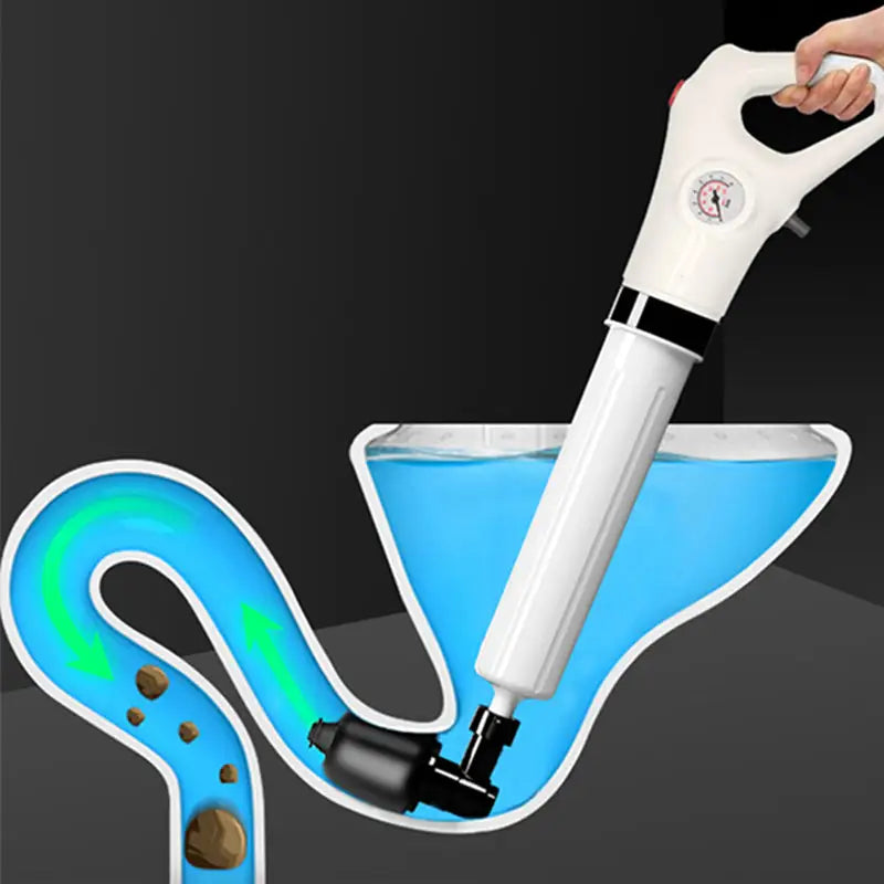 Wysokowydajny pneumatyczny udrażniacz rur, kompaktowy, biały, z akcesoriami, idealny do zatkanych rur.