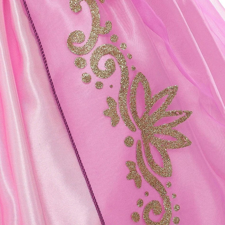 Fioletowy strój Roszpunki dla dzieci, sukienka księżniczki ze złotymi detalami, miękki materiał, na urodziny i kreatywne zabawy.