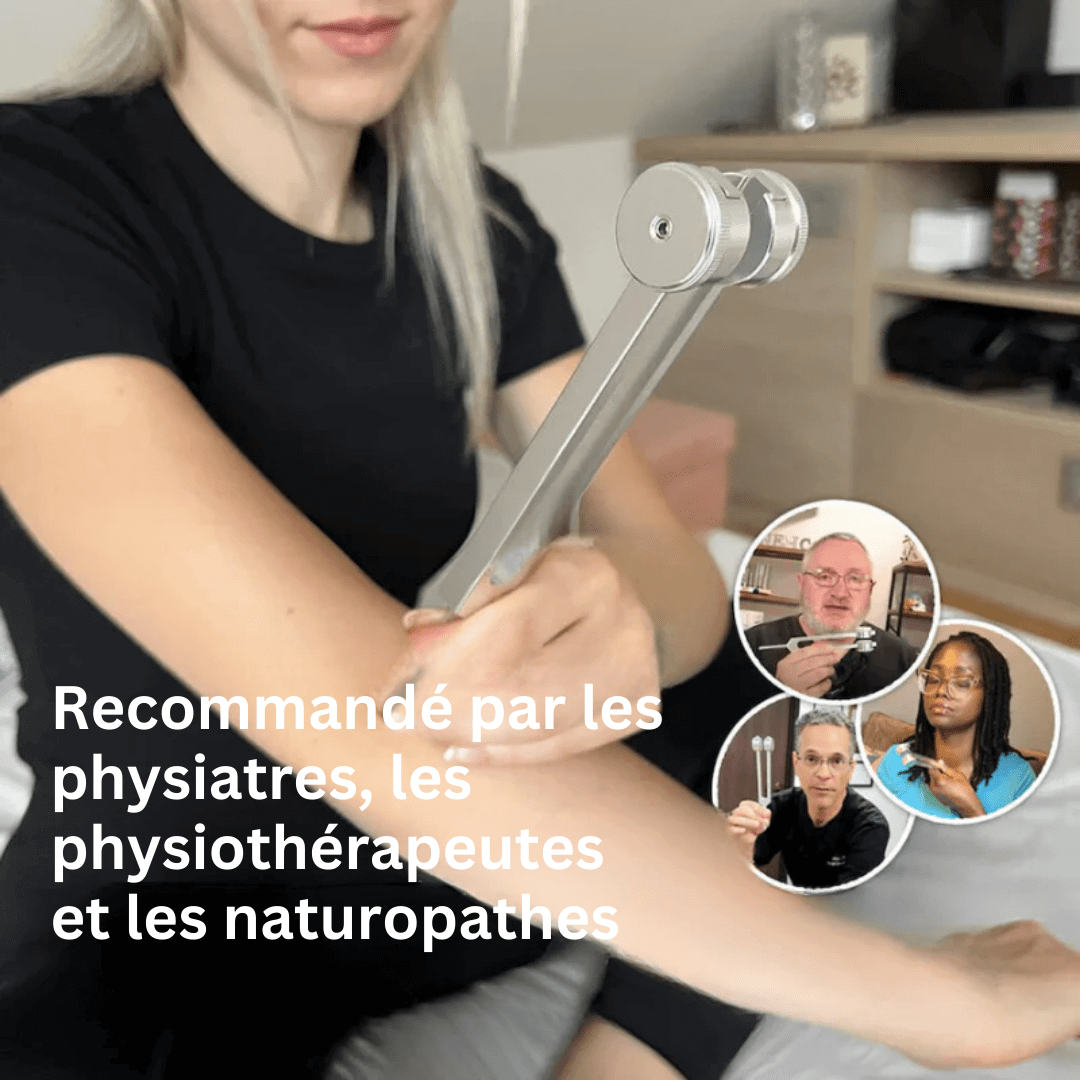 Srebrny kamerton terapeutyczny 128Hz, ergonomiczny design, do relaksu i akustycznego dobrego samopoczucia w domu.