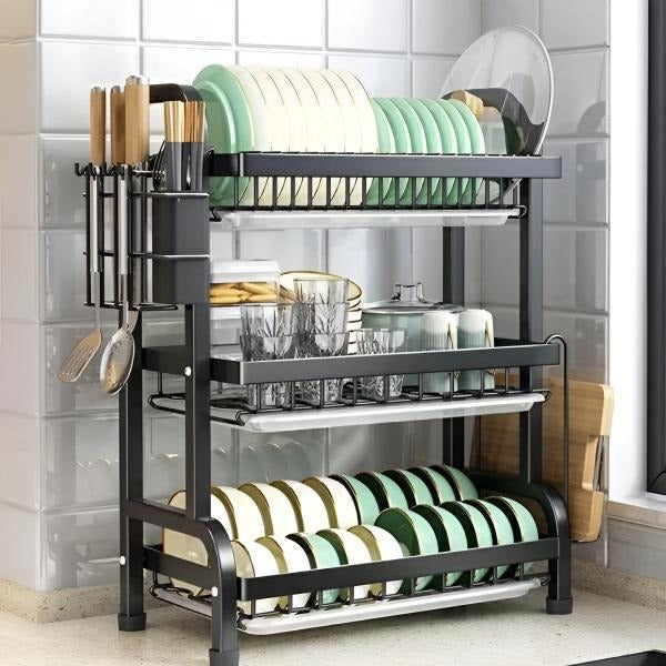 Wielopoziomowa suszarka do naczyń, kompaktowy design, solidna metalowa konstrukcja, optymalizuje przestrzeń i szybkie suszenie.