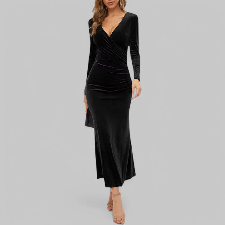 Modna sukienka studniówkowa maxi dla kobiet, dekolt V, długi rękaw. Elegancka kreacja.