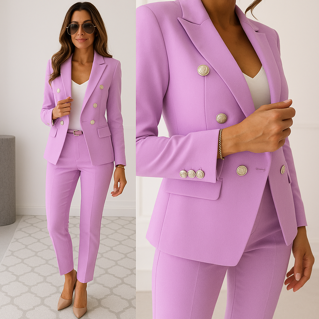 Damski garnitur dwuczęściowy: elegancka marynarka i spodnie. Uniwersalny komplet slim fit na wiosnę i lato.