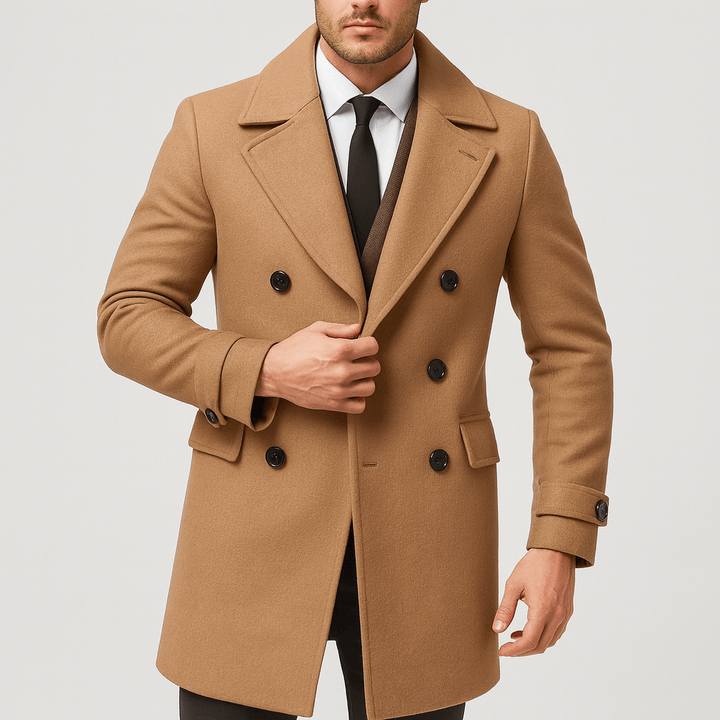 Klasyczny męski płaszcz dwurzędowy. Modny płaszcz zimowy, elegancki na jesień i zimę, podkreśla sylwetkę.