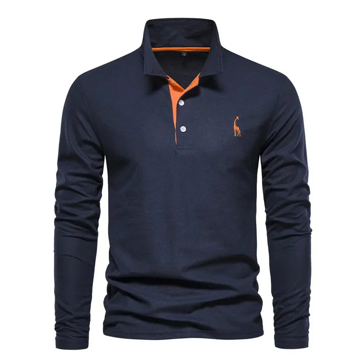 "Élégant polo à manches longues homme avec broderie, col classique, en coton respirant, coloris navy et orange."