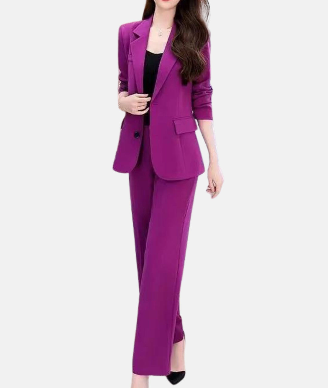 Elegancki damski garnitur Manon, dopasowany blazer, wyselekcjonowana tkanina, idealny do pracy lub na formalne okazje, widok z przodu.