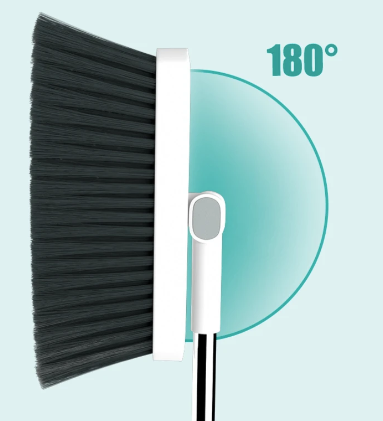 Zestaw miotły i szufelki z obrotową głowicą 180°, ergonomiczny design, skuteczne czyszczenie zakamarków pod meblami.