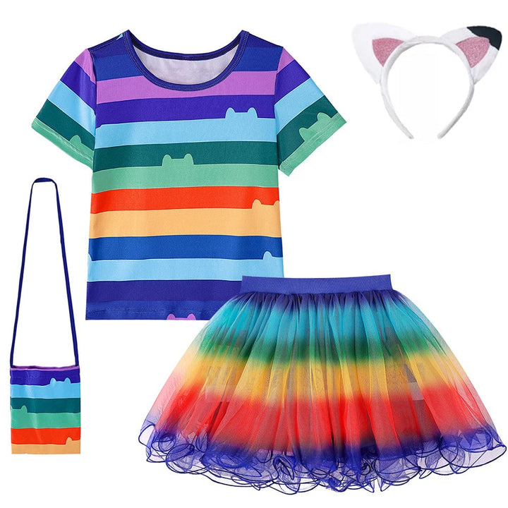 Strój dziecięcy z motywem Kotka Gabby, zawierający t-shirt w paski, wielokolorową tiulową spódniczkę i opaskę z kocimi uszami.