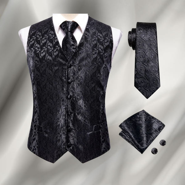 Elegancki męski zestaw z czarną kamizelką, krawatem i poszetką, idealny na formalne ceremonie.