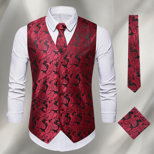 Elegancki męski zestaw z czarną kamizelką, krawatem i poszetką, idealny na formalne ceremonie.