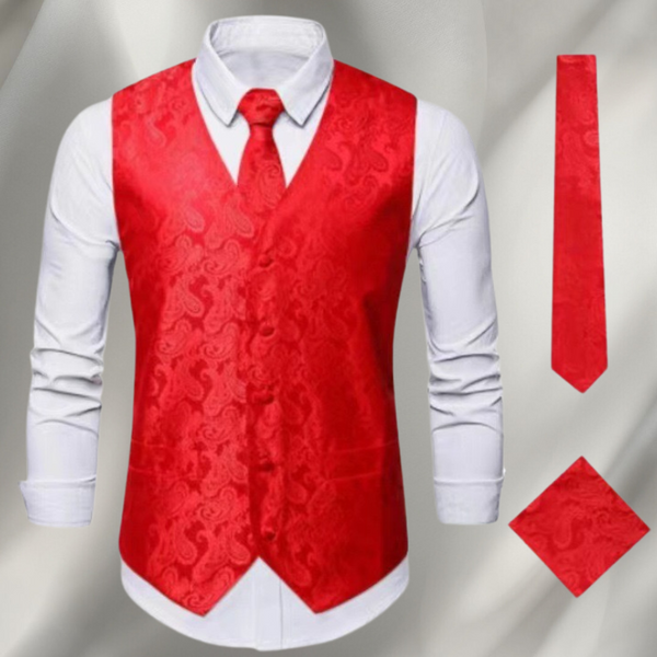 Elegancki męski zestaw z czarną kamizelką, krawatem i poszetką, idealny na formalne ceremonie.