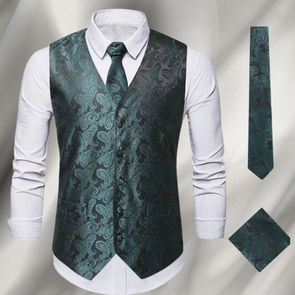Elegancki męski zestaw z czarną kamizelką, krawatem i poszetką, idealny na formalne ceremonie.