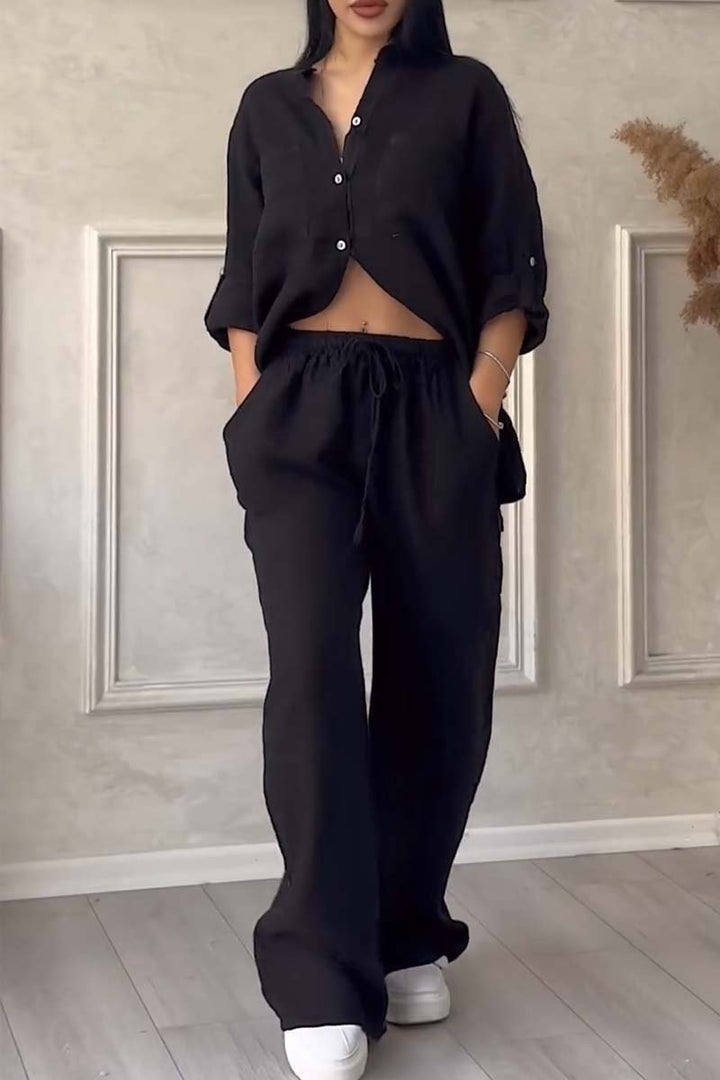 Zestaw lniany dla kobiet, bluzka z guzikami i szerokie spodnie, w stylu smart casual, na letnie dni.