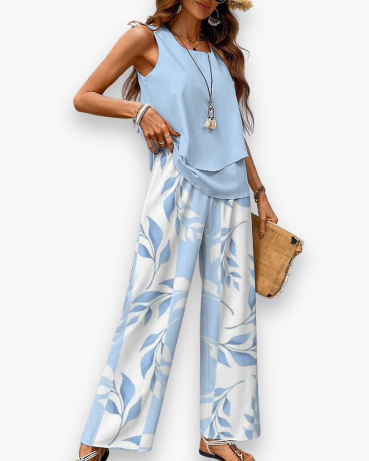 Szykowny, zwiewny zestaw letni dla kobiet, elegancki krój, top bez rękawów, lekka tkanina, idealny na letnie dni.