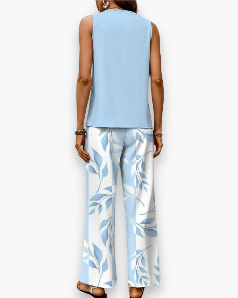 Szykowny, zwiewny zestaw letni dla kobiet, elegancki krój, top bez rękawów, lekka tkanina, idealny na letnie dni.