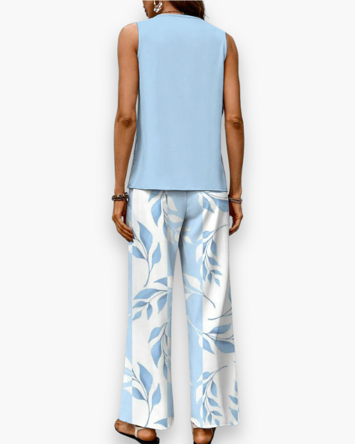 Szykowny, zwiewny zestaw letni dla kobiet, elegancki krój, top bez rękawów, lekka tkanina, idealny na letnie dni.