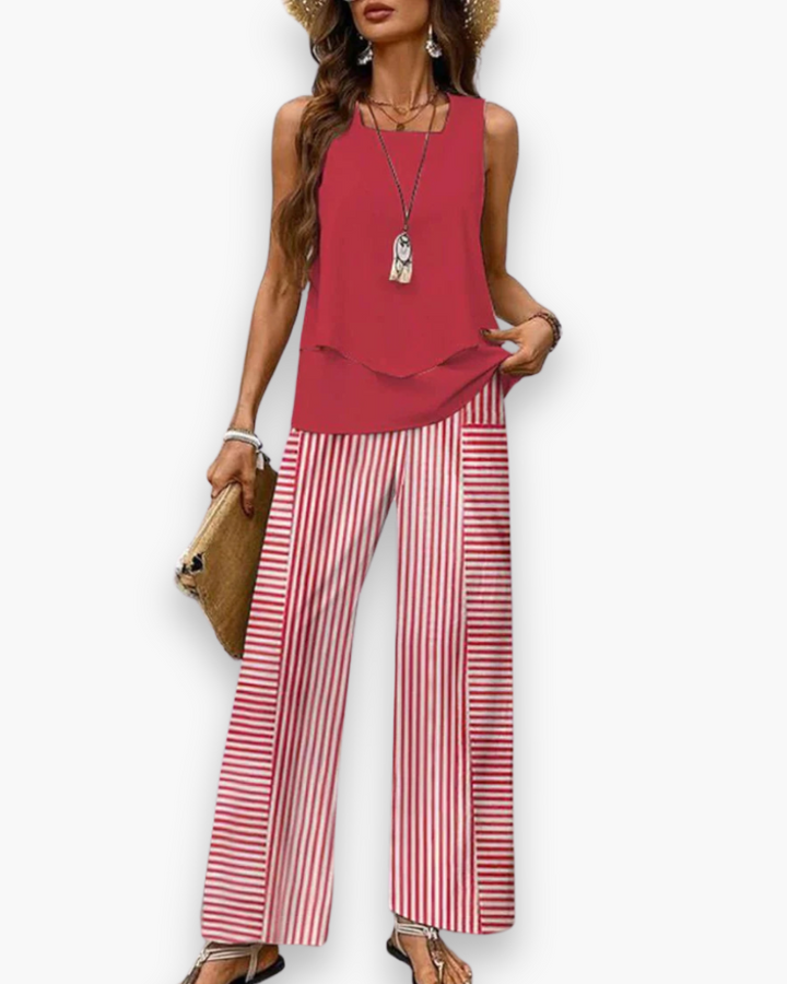 Szykowny, zwiewny zestaw letni dla kobiet, elegancki krój, top bez rękawów, lekka tkanina, idealny na letnie dni.