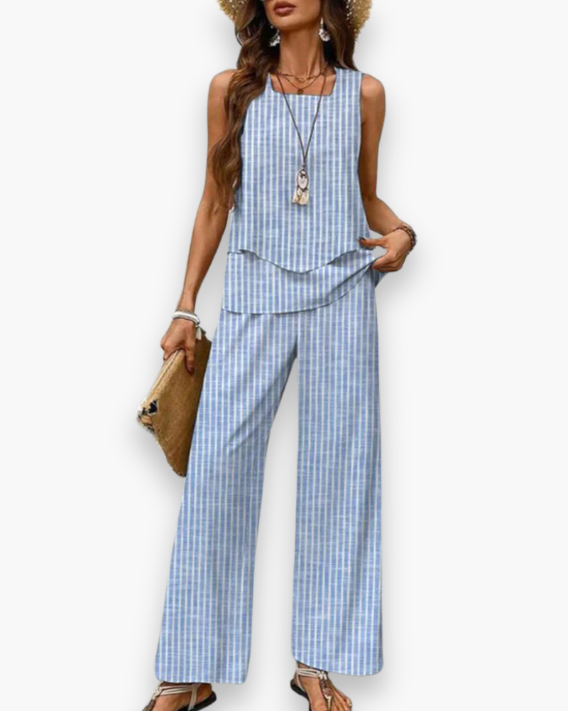 Szykowny, zwiewny zestaw letni dla kobiet, elegancki krój, top bez rękawów, lekka tkanina, idealny na letnie dni.