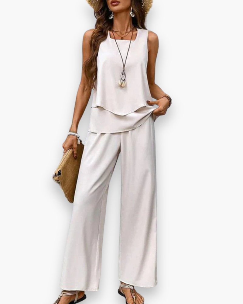 Szykowny, zwiewny zestaw letni dla kobiet, elegancki krój, top bez rękawów, lekka tkanina, idealny na letnie dni.