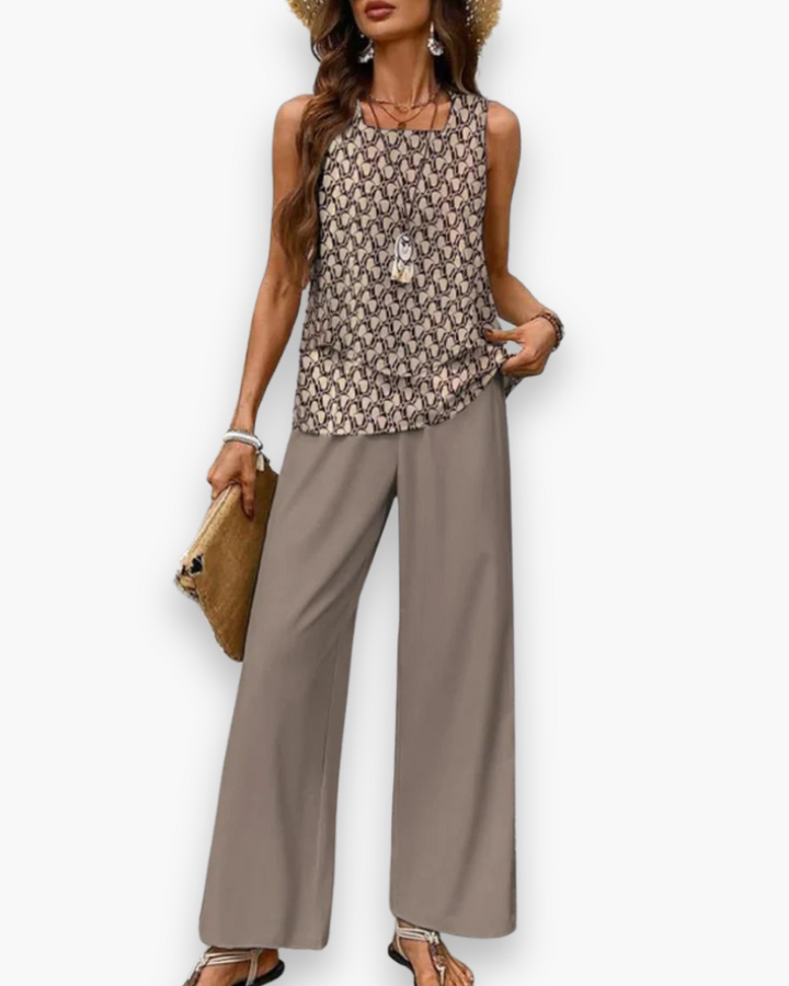 Szykowny, zwiewny zestaw letni dla kobiet, elegancki krój, top bez rękawów, lekka tkanina, idealny na letnie dni.