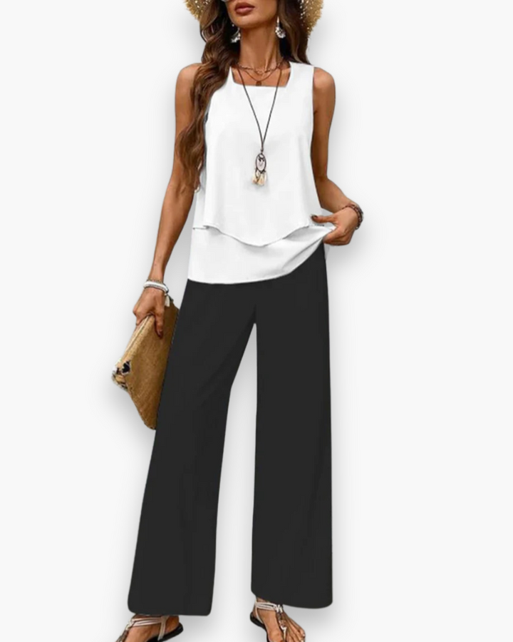 Szykowny, zwiewny zestaw letni dla kobiet, elegancki krój, top bez rękawów, lekka tkanina, idealny na letnie dni.