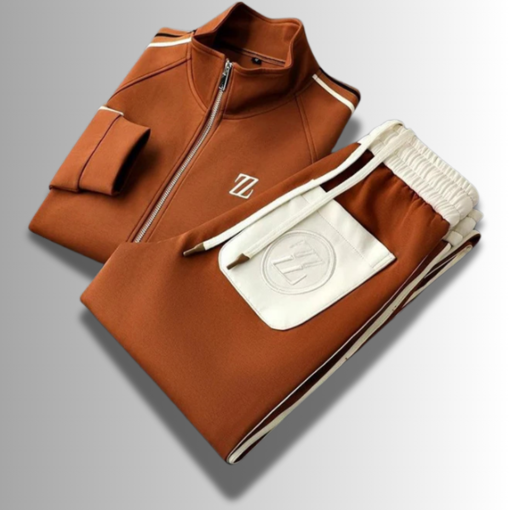 Elegancki męski zestaw dresowy, nowoczesny krój, ciemny kolor, oddychający materiał, idealny do sportu i relaksu.