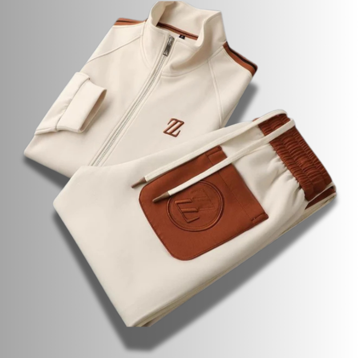 Elegancki męski zestaw dresowy, nowoczesny krój, ciemny kolor, oddychający materiał, idealny do sportu i relaksu.